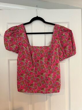 J. Crew Raspberry Pink Floral Square-Neck Puff Sleeve Crop Top